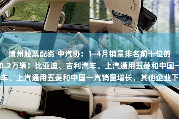 漳州股票配资 中汽协：1-4月销量排名前十位的轿车生产企业共销售250.2万辆！比亚迪、吉利汽车、上汽通用五菱和中国一汽销量增长，其他企业下降